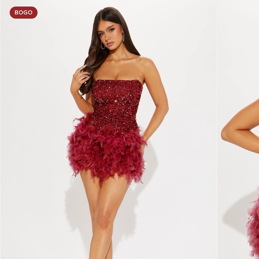 Fashion Nova Burgundy Strapless Sequin & Feather Mini Dress